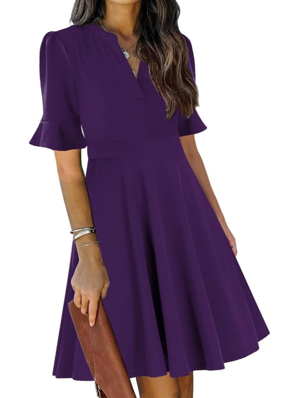 Women's Purple Summer Fit And Flare Knee Length V Neck Short Sleeve Guest Dress